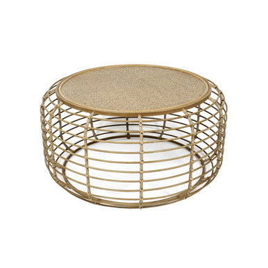 Natural Round Hand Woven Rattan Top Coffee Table With Gold Cage Base, Trento