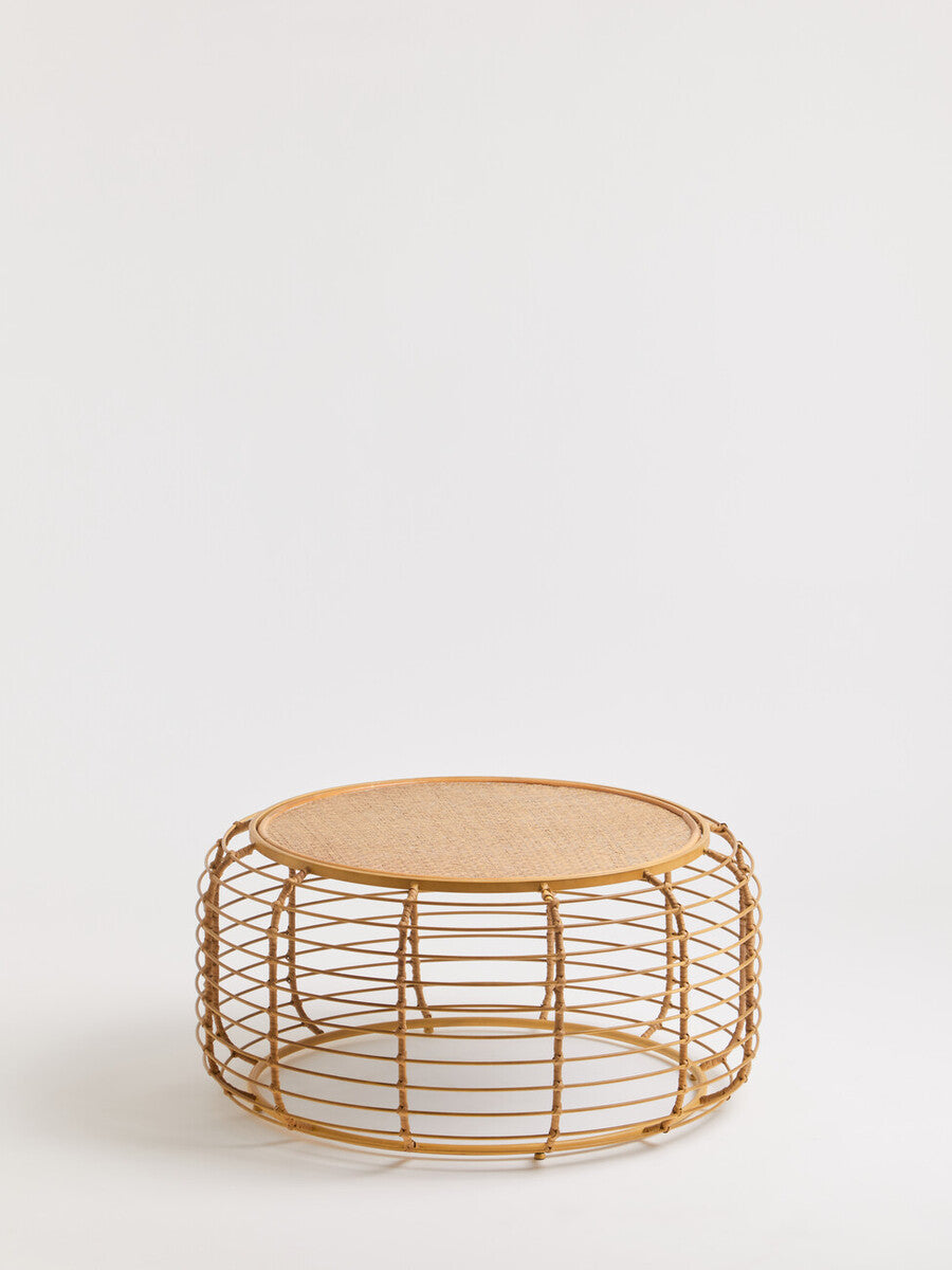 Natural Round Hand Woven Rattan Top Coffee Table With Gold Cage Base, Trento