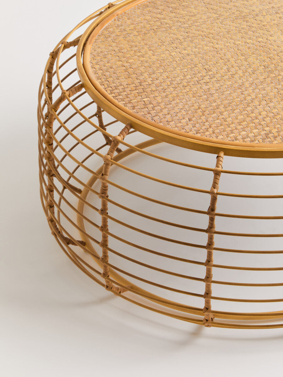 Natural Round Hand Woven Rattan Top Coffee Table With Gold Cage Base, Trento