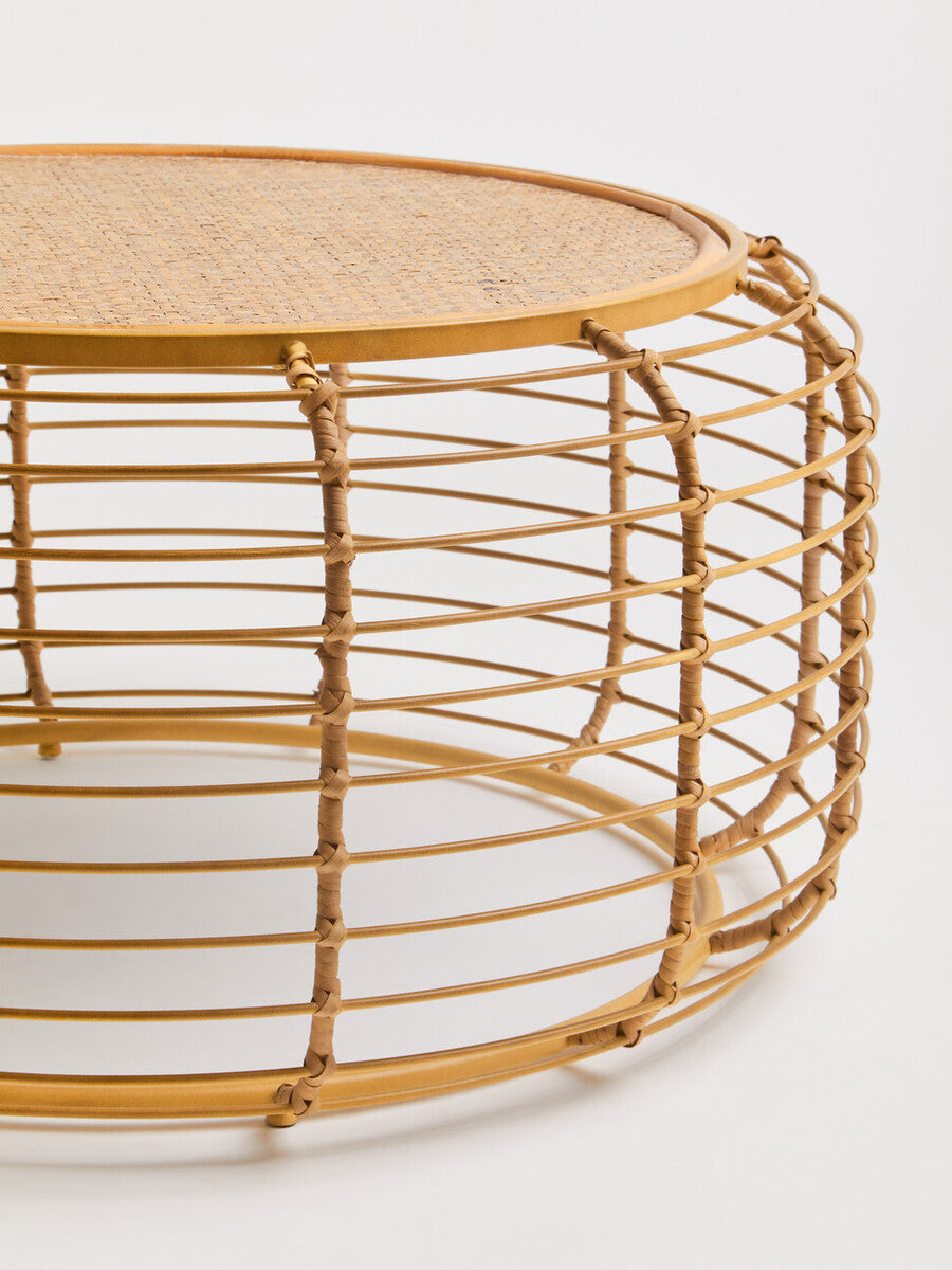Natural Round Hand Woven Rattan Top Coffee Table With Gold Cage Base, Trento