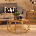 Natural Round Hand Woven Rattan Top Coffee Table With Gold Cage Base, Trento