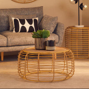 Natural Round Hand Woven Rattan Top Coffee Table With Gold Cage Base, Trento