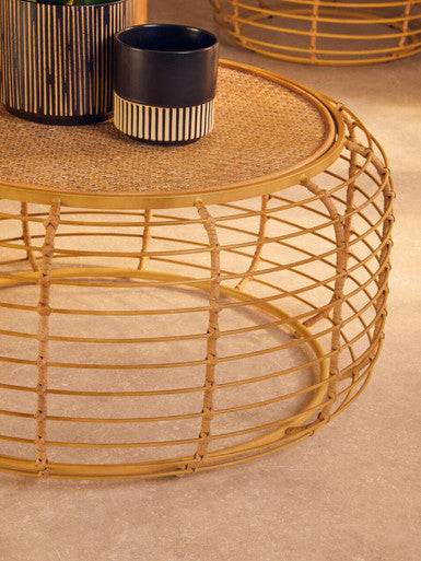 Natural Round Hand Woven Rattan Top Coffee Table With Gold Cage Base, Trento