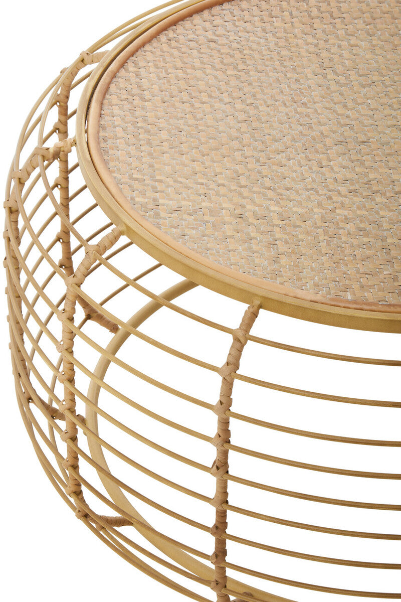 Natural Round Hand Woven Rattan Top Coffee Table With Gold Cage Base, Trento