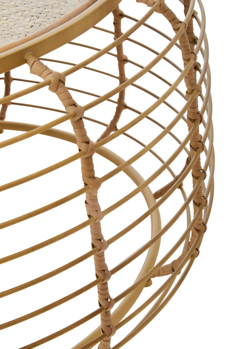 Natural Round Hand Woven Rattan Top Coffee Table With Gold Cage Base, Trento