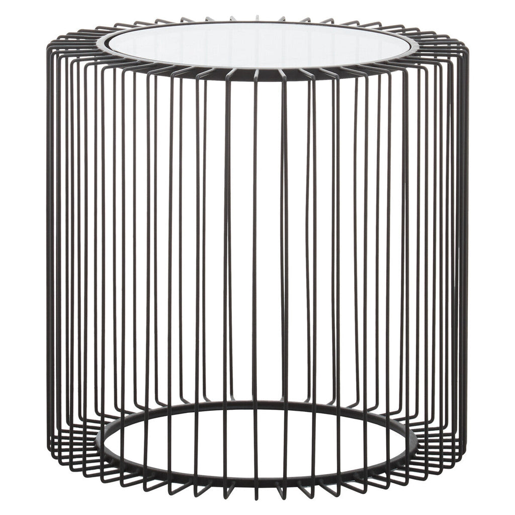 Tempered Glass Top Round Side Table With Black Wireframe Cage Design Base, Trento
