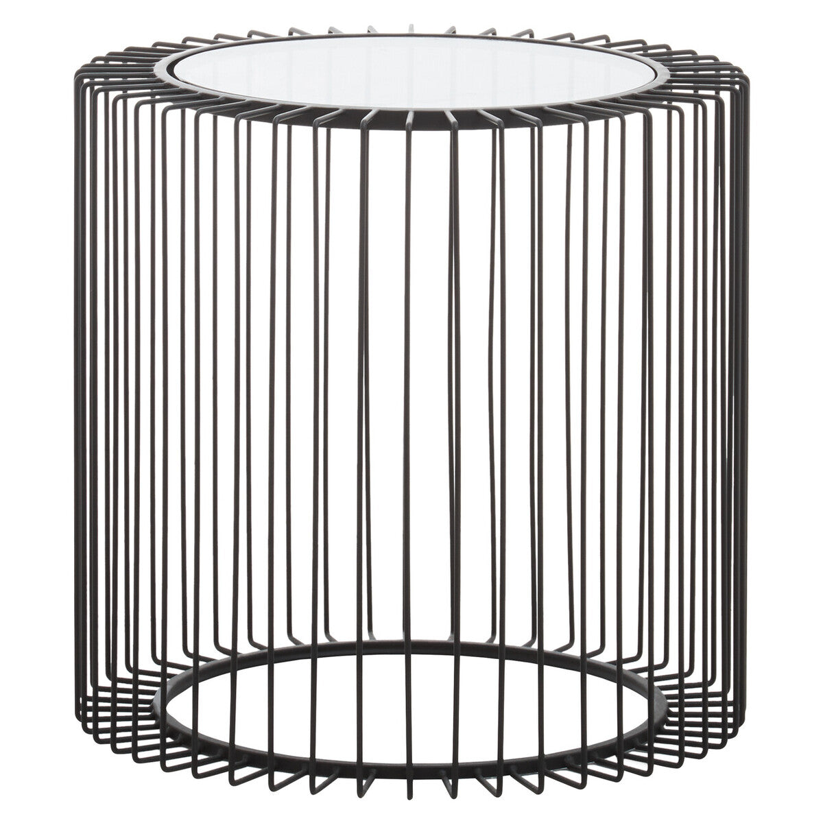 Tempered Glass Top Round Side Table With Black Wireframe Cage Design Base, Trento