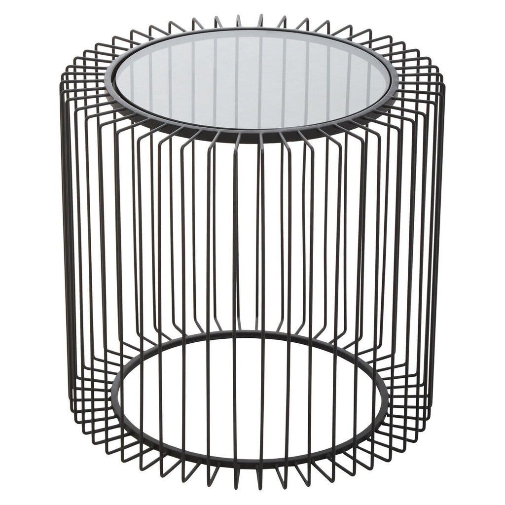 Tempered Glass Top Round Side Table With Black Wireframe Cage Design Base, Trento