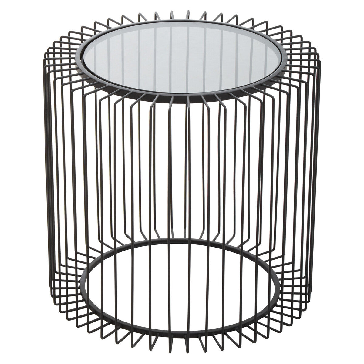 Tempered Glass Top Round Side Table With Black Wireframe Cage Design Base, Trento