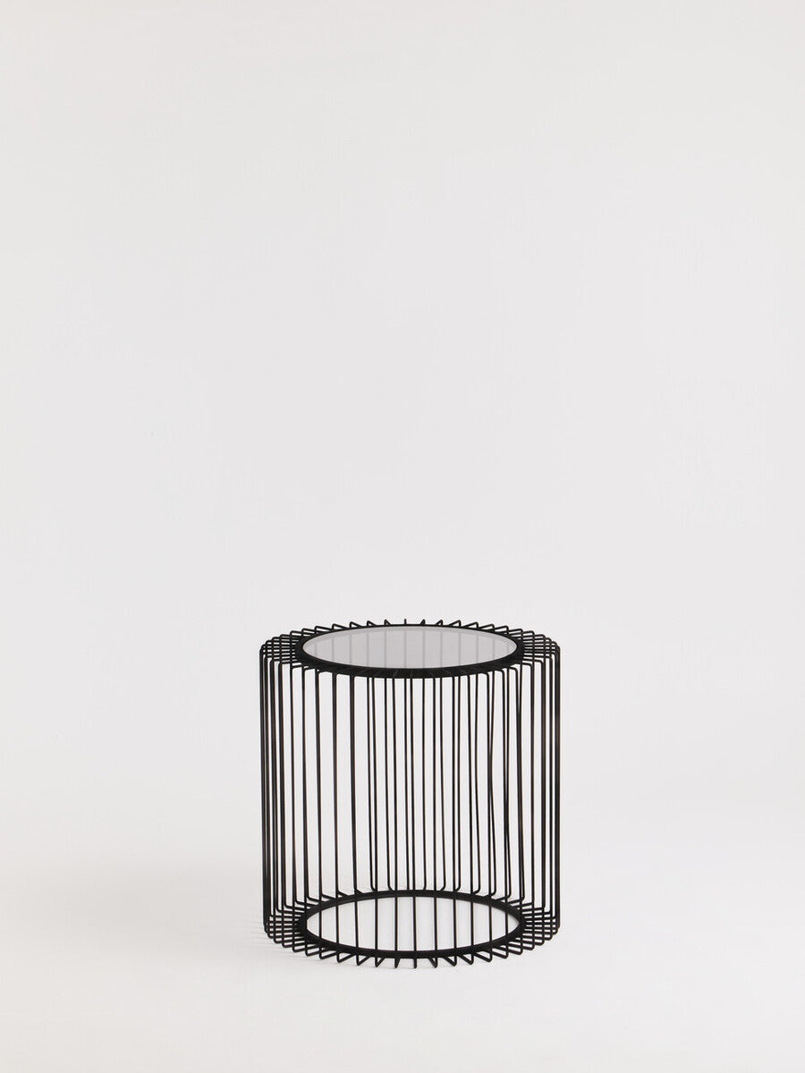 Tempered Glass Top Round Side Table With Black Wireframe Cage Design Base, Trento