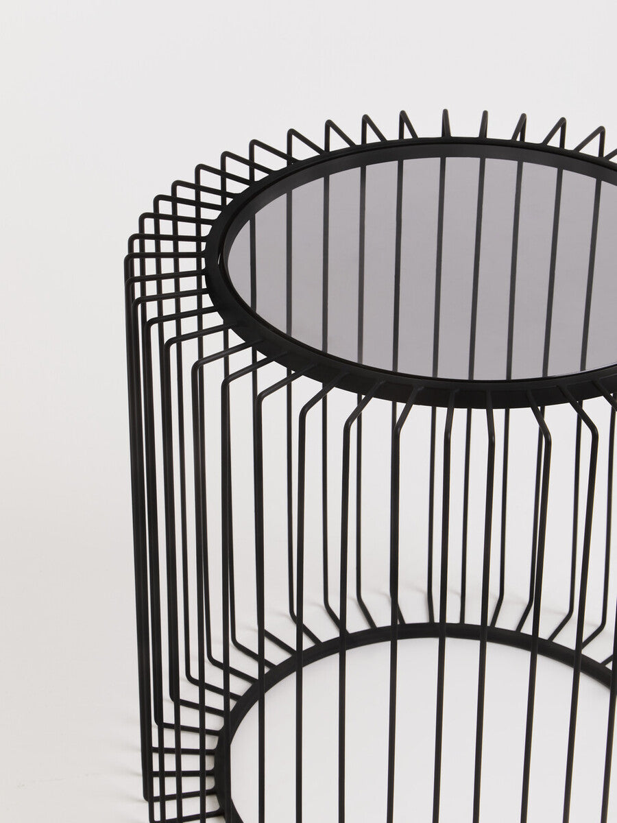 Tempered Glass Top Round Side Table With Black Wireframe Cage Design Base, Trento
