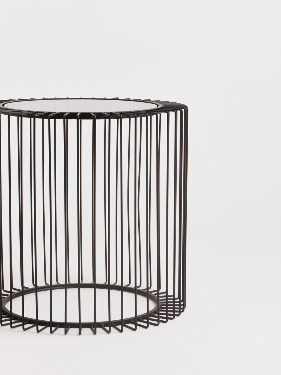 Tempered Glass Top Round Side Table With Black Wireframe Cage Design Base, Trento