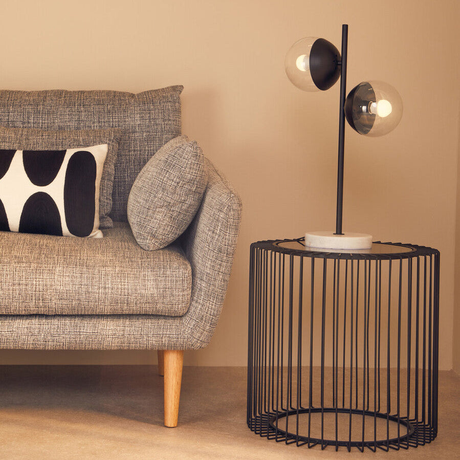Tempered Glass Top Round Side Table With Black Wireframe Cage Design Base, Trento