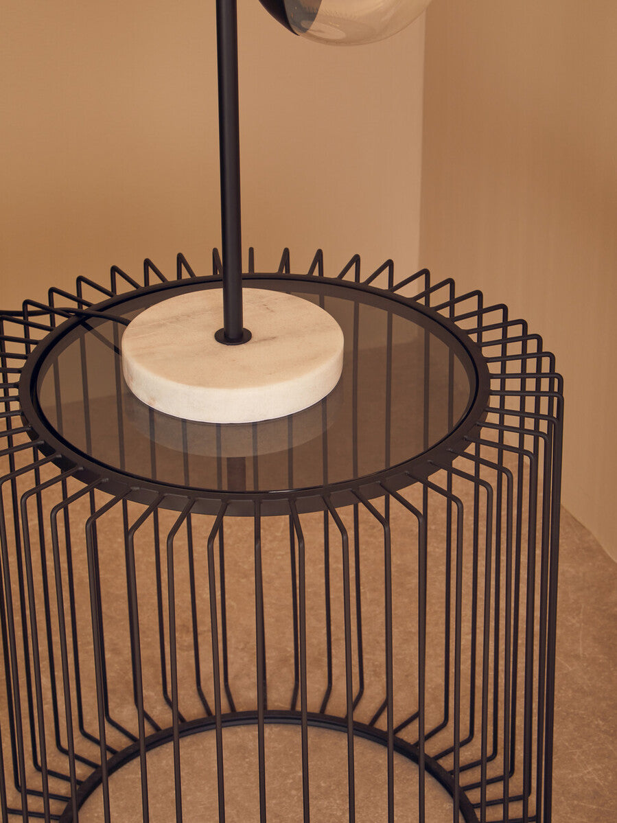 Tempered Glass Top Round Side Table With Black Wireframe Cage Design Base, Trento
