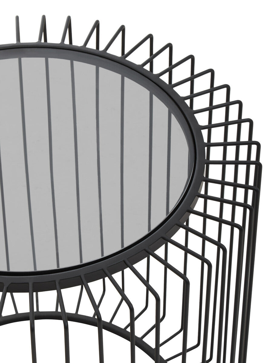 Tempered Glass Top Round Side Table With Black Wireframe Cage Design Base, Trento