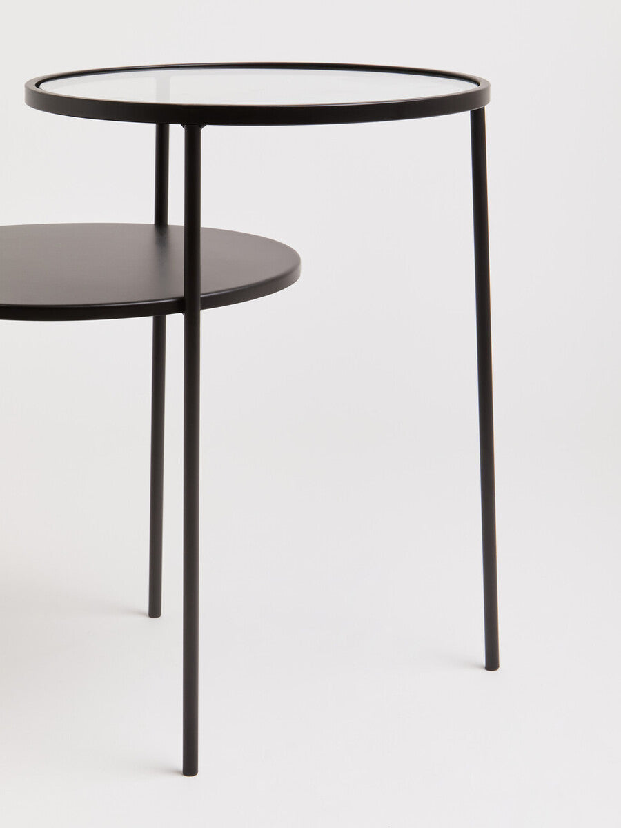 Clear Glass Top & Black Metal Lower Top End Table With Black Iron Frame, Trento