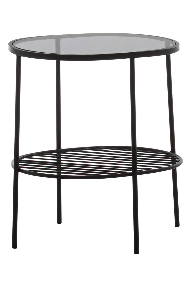 Grey Tempered Glass Side Table With Lower Metal Tier & Black Iron Frame, Trento