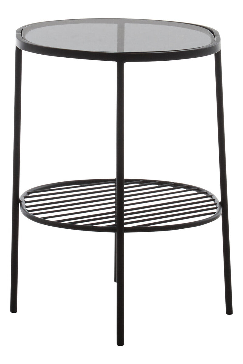 Grey Tempered Glass Side Table With Lower Metal Tier & Black Iron Frame, Trento