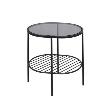 Grey Tempered Glass Side Table With Lower Metal Tier & Black Iron Frame, Trento