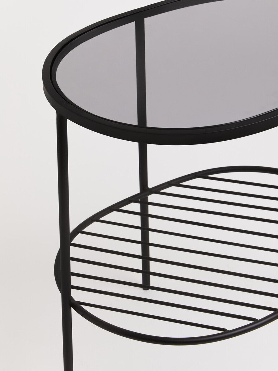Grey Tempered Glass Side Table With Lower Metal Tier & Black Iron Frame, Trento