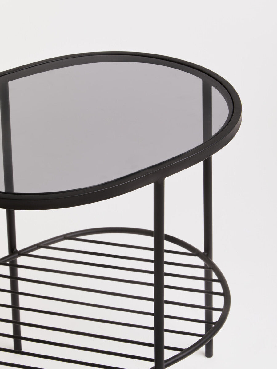 Grey Tempered Glass Side Table With Lower Metal Tier & Black Iron Frame, Trento