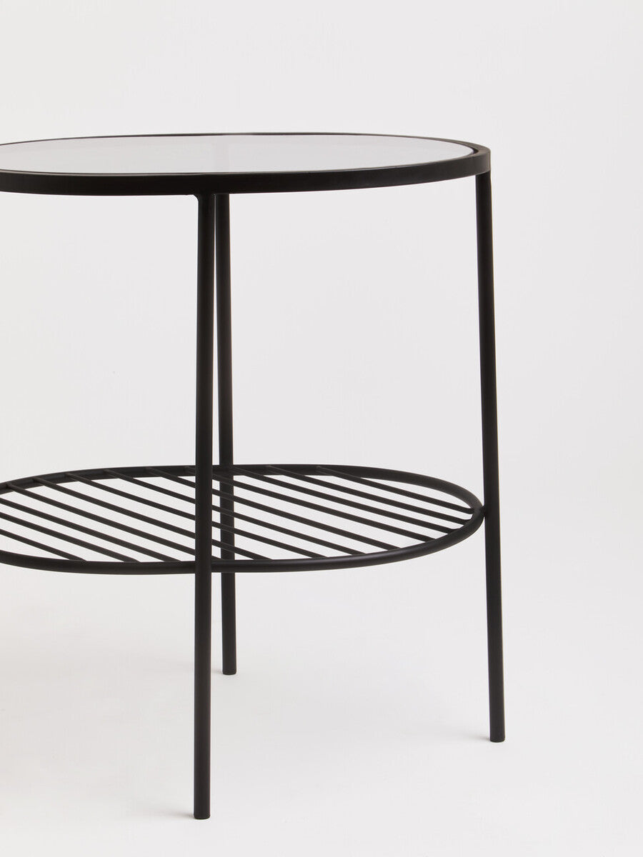 Grey Tempered Glass Side Table With Lower Metal Tier & Black Iron Frame, Trento