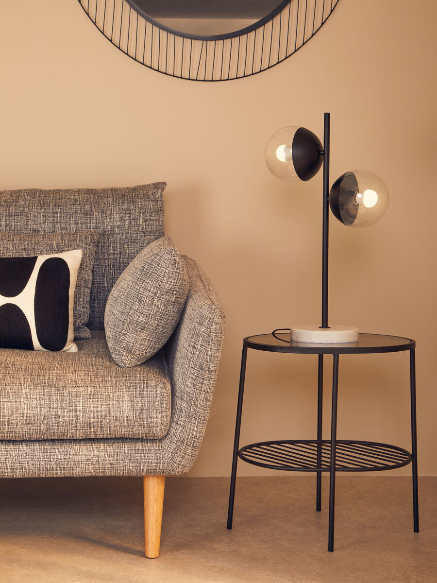Grey Tempered Glass Side Table With Lower Metal Tier & Black Iron Frame, Trento