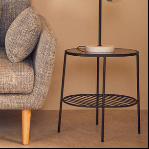 Grey Tempered Glass Side Table With Lower Metal Tier & Black Iron Frame, Trento