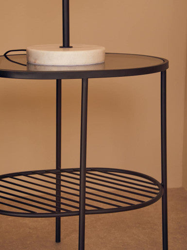 Grey Tempered Glass Side Table With Lower Metal Tier & Black Iron Frame, Trento
