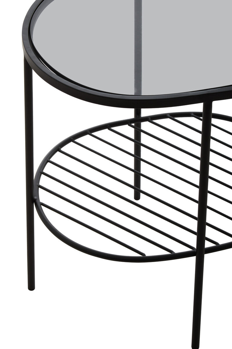 Grey Tempered Glass Side Table With Lower Metal Tier & Black Iron Frame, Trento