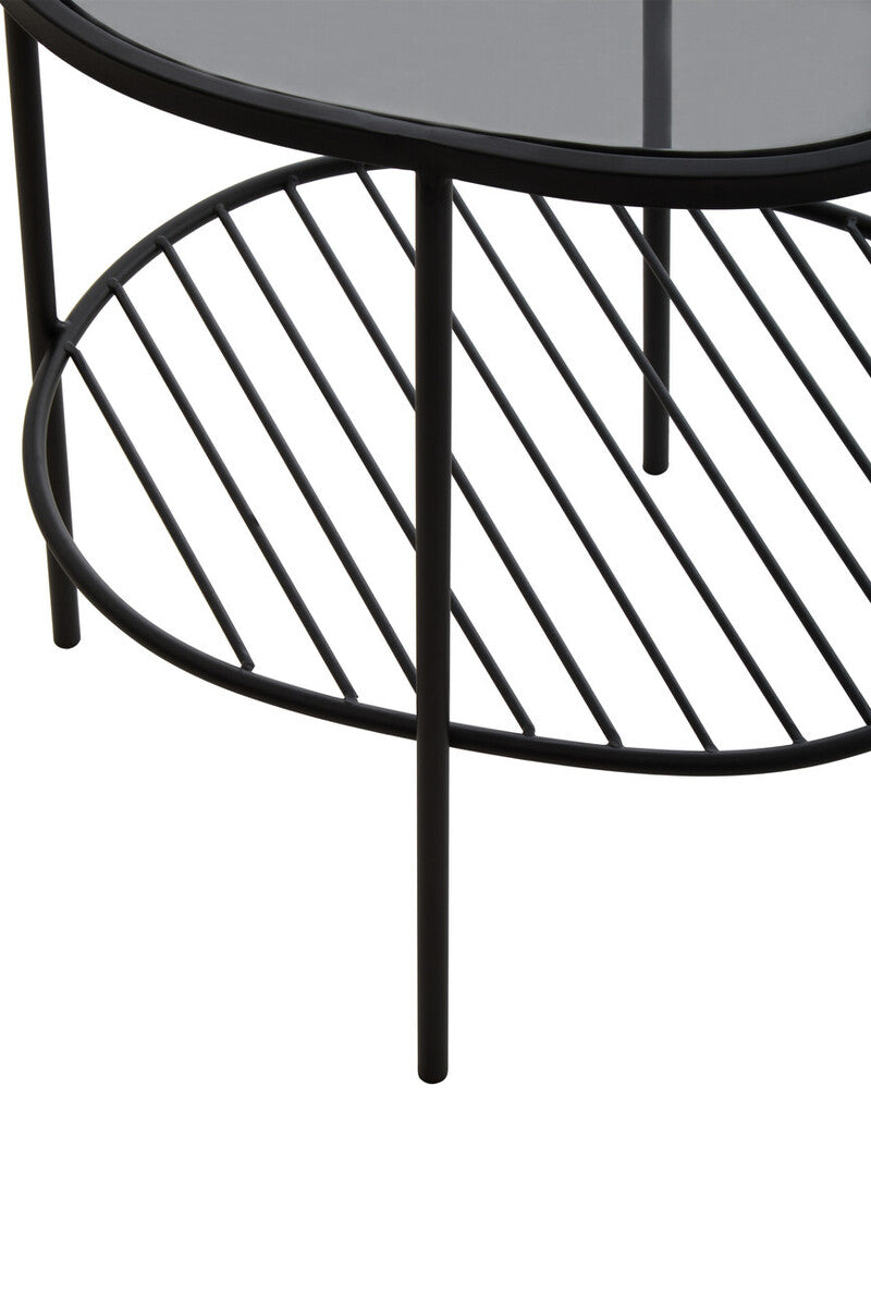 Grey Tempered Glass Side Table With Lower Metal Tier & Black Iron Frame, Trento
