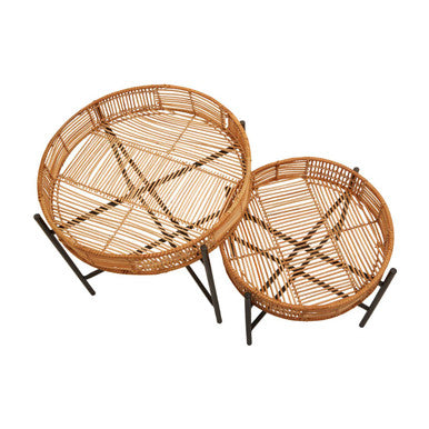 Set Of 2 Natural Rattan Top Side Tables With Cross Black Metal Frame, Batu