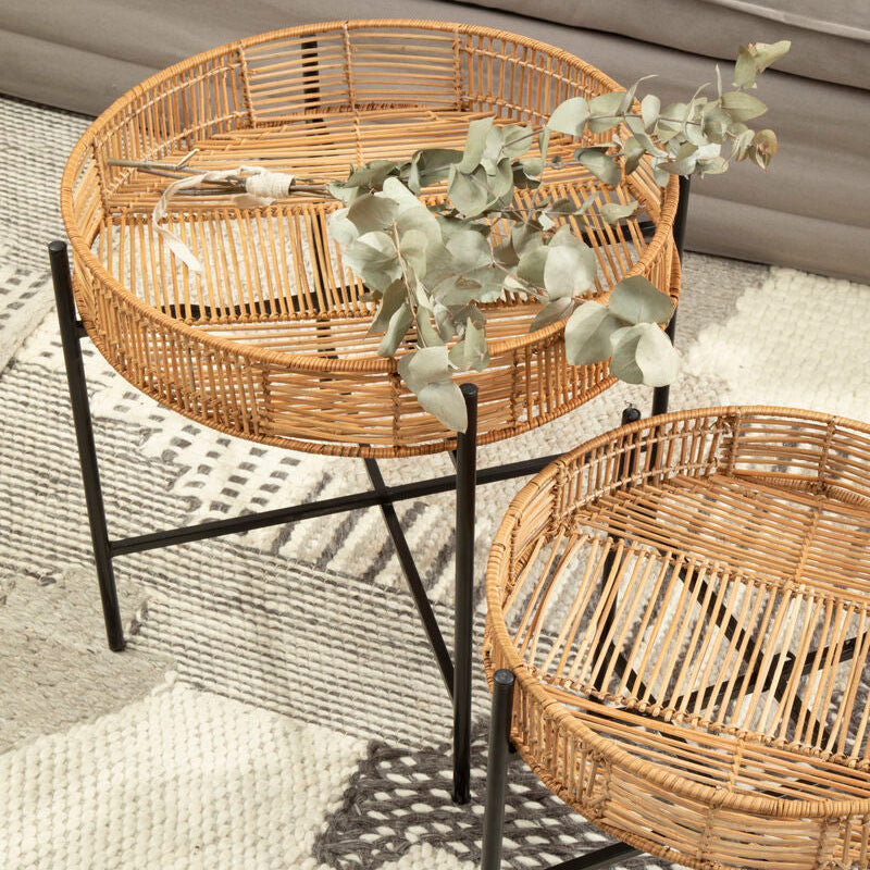 Set Of 2 Natural Rattan Top Side Tables With Cross Black Metal Frame, Batu
