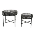 Set Of 2 Black Rattan Top Side Tables With Cross Metal Frame, Batu