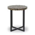 Inlaid White Shell Top Handcrafted Round Side Table With Black Metal Cross Base, Branna