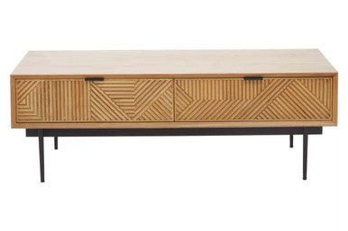 Natural Carved 2-Drawer Coffee Table With Metal Legs, Jakara