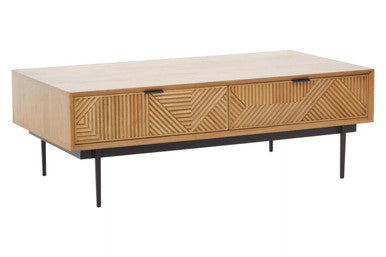 Natural Carved 2-Drawer Coffee Table With Metal Legs, Jakara