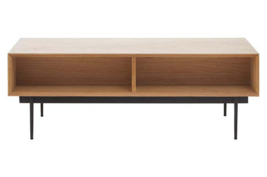 Natural Carved 2-Drawer Coffee Table With Metal Legs, Jakara