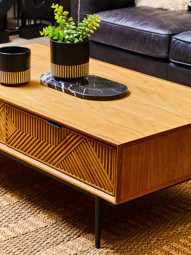 Natural Carved 2-Drawer Coffee Table With Metal Legs, Jakara