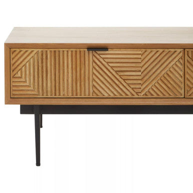 Natural Carved 2-Drawer Coffee Table With Metal Legs, Jakara