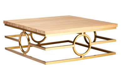 Natural Oak Top Coffee Table With Gold Stainless Steel Openwork Base, Jarloi