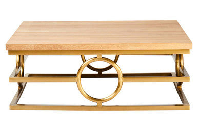 Natural Oak Top Coffee Table With Gold Stainless Steel Openwork Base, Jarloi