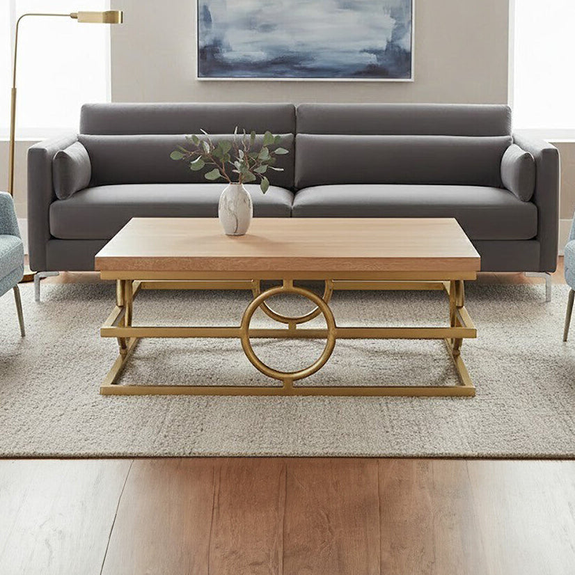 Natural Oak Top Coffee Table With Gold Stainless Steel Openwork Base, Jarloi