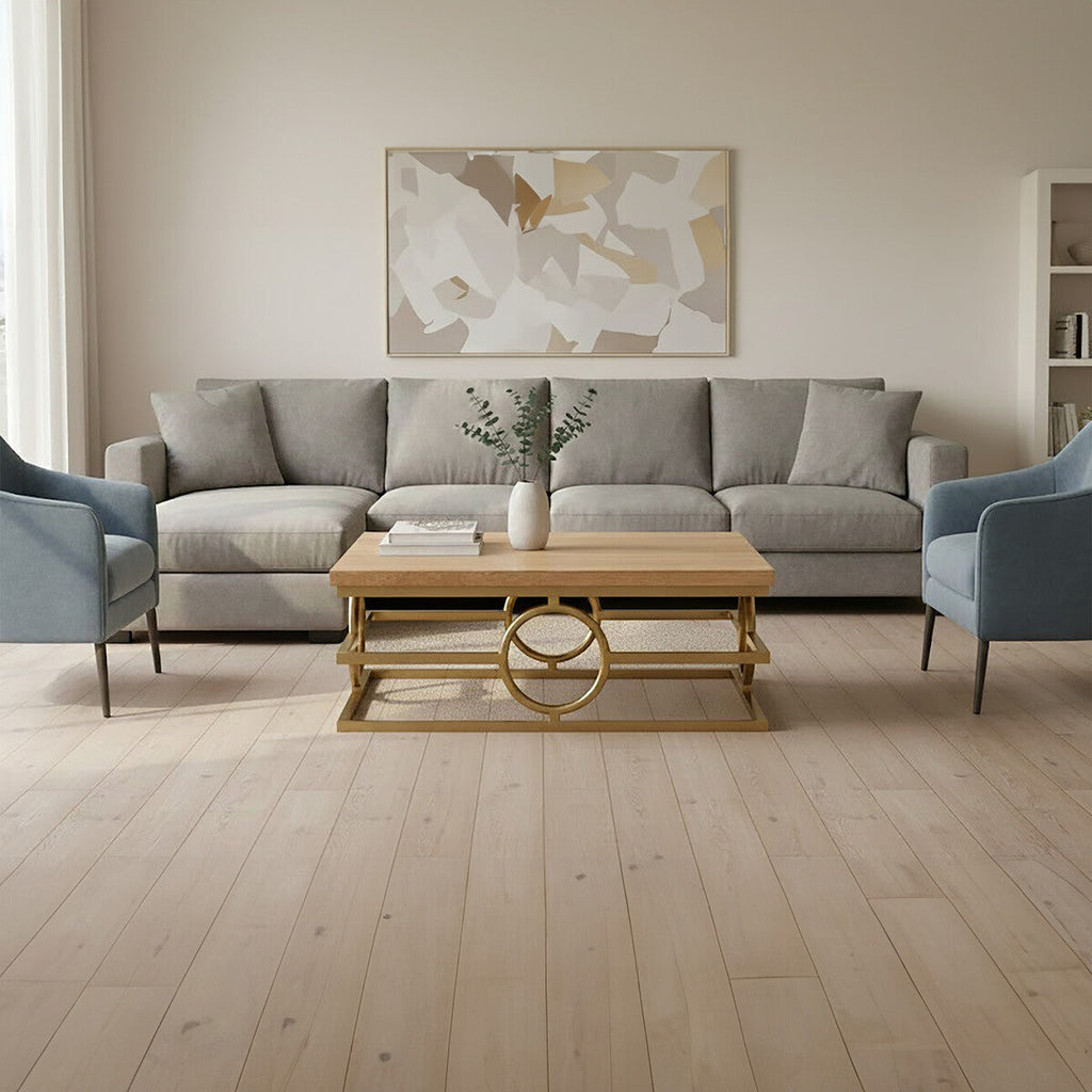 Natural Oak Top Coffee Table With Gold Stainless Steel Openwork Base, Jarloi