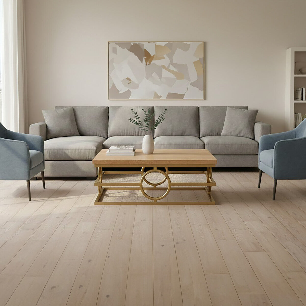 Natural Oak Top Coffee Table With Gold Stainless Steel Openwork Base, Jarloi