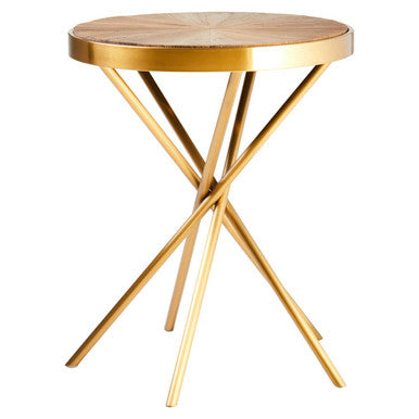 Natural Fir Wood Top Round Side Table With Sculptural Gold Stainless Steel Frame, Jana