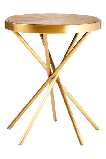 Natural Fir Wood Top Round Side Table With Sculptural Gold Stainless Steel Frame, Jana