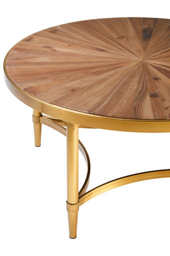 Gold Aged Fir Wood Rustic Top Coffee Table With Stainless Steel Curved Base, Jana