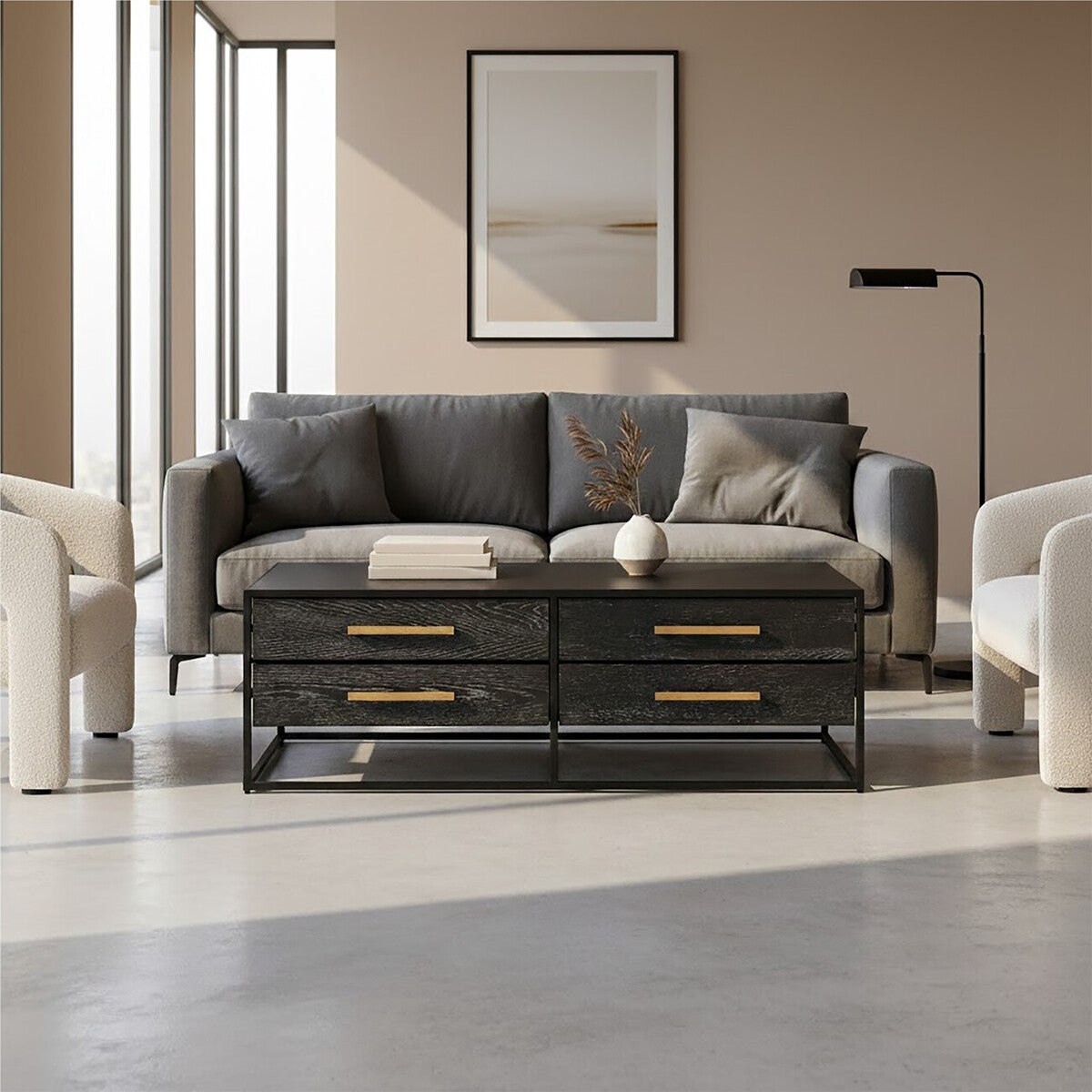 Black 4-Drawer Coffee Table With Metal Handles & Iron Frame, Judd