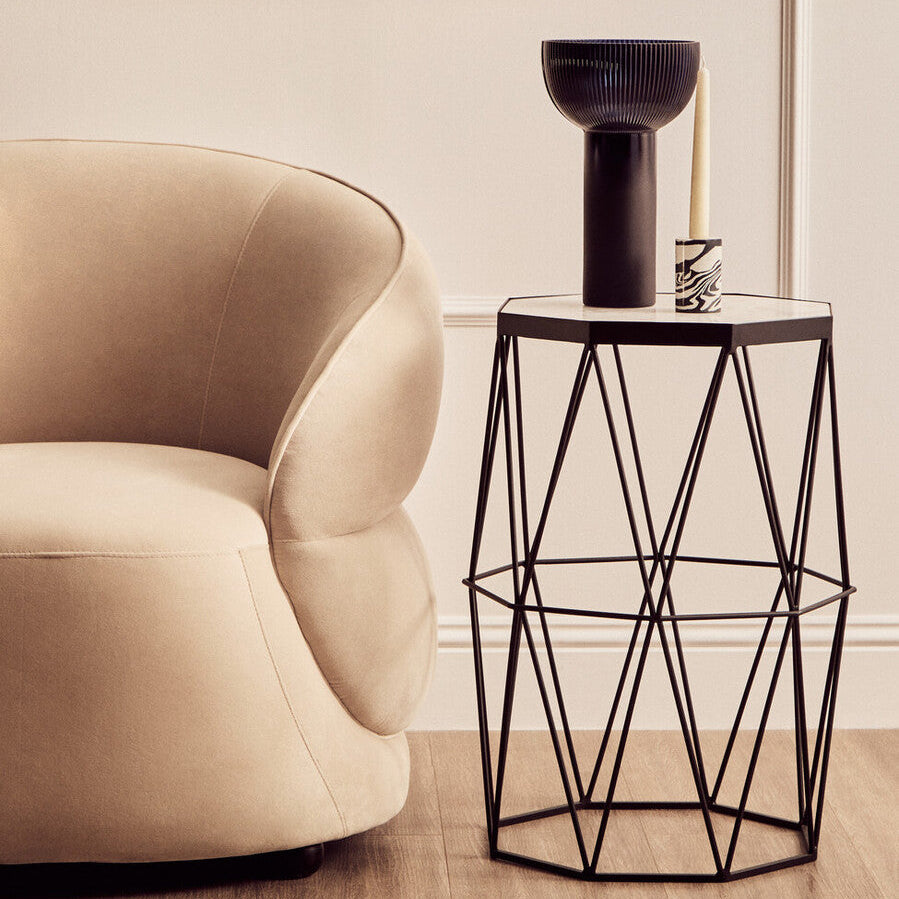 Black Angular Iron Frame Side Table With White Marble Top, Shalimar